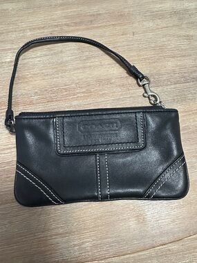 Coach Black Leather Wristlet with Contrast Stitching